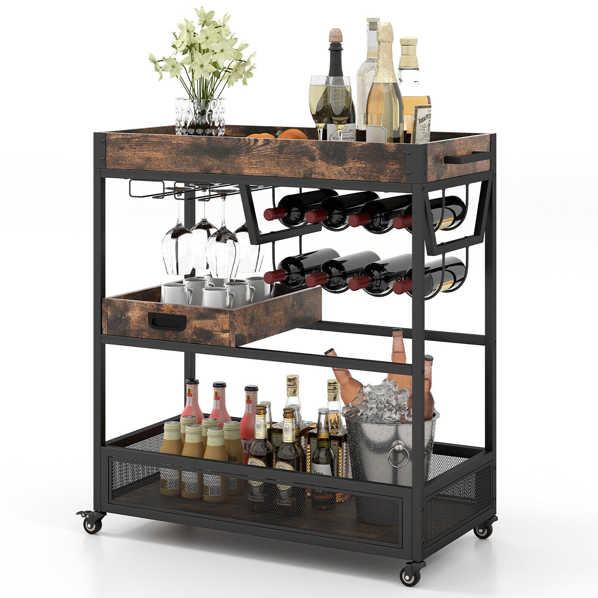 Gymax Rolling Bar Cart 3-Tier Industrial Buffet Serving Trolley w/