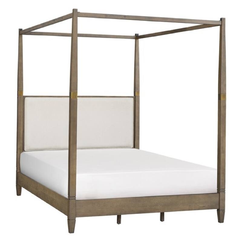 Roomfitters Modern Queen Canopy Bed Frame, Brown Solid Wood with Upholstered Headboard and Gold Metal Accents for Bedroom