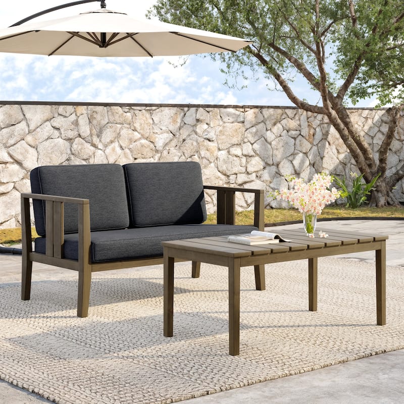 Teak Wood Water Resistant Outdoor Loveseat and Coffee Table Set (Set of 2) - Brown frame - Dark Gray/Brown