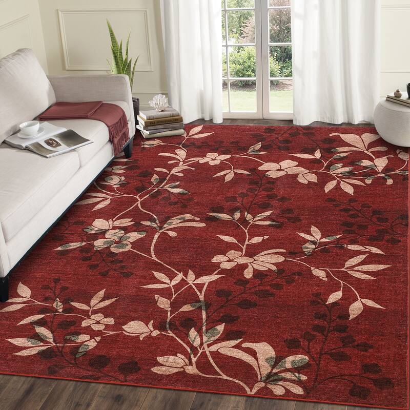 Modern Leaves Pattern Area Rug Botanical Print Washable Rugs for Living Room Bedroom Non-Slip Low Pile Floor Carpet - 5'x7' - Red
