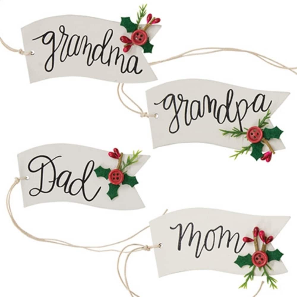Family Words Wooden Gift Tags White Painted Ornaments with String for Holiday Decor 4 Asstd.