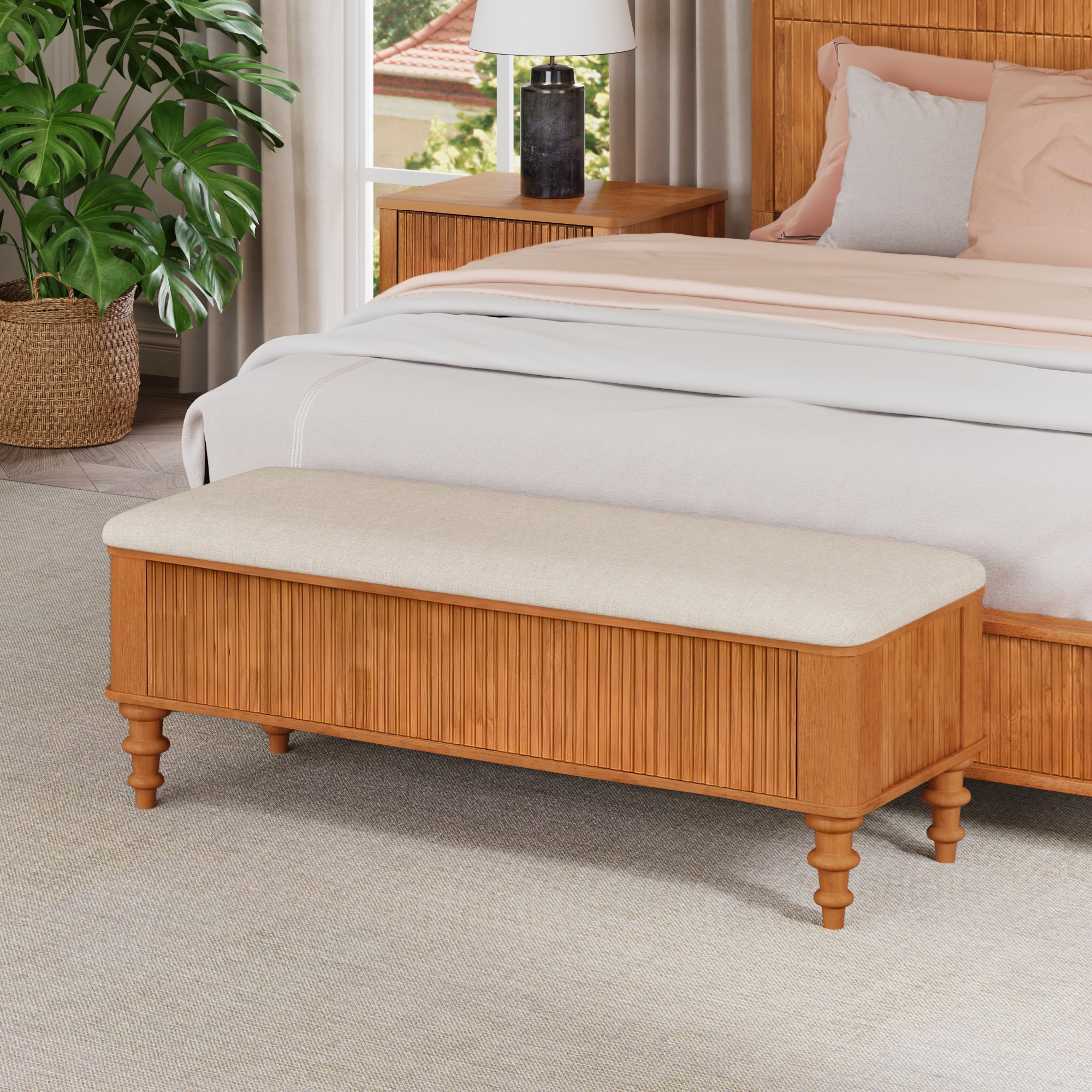 GDFStudio - Vaelorian Solid Rubberwood Storage Ottoman Bench with Linen Seat