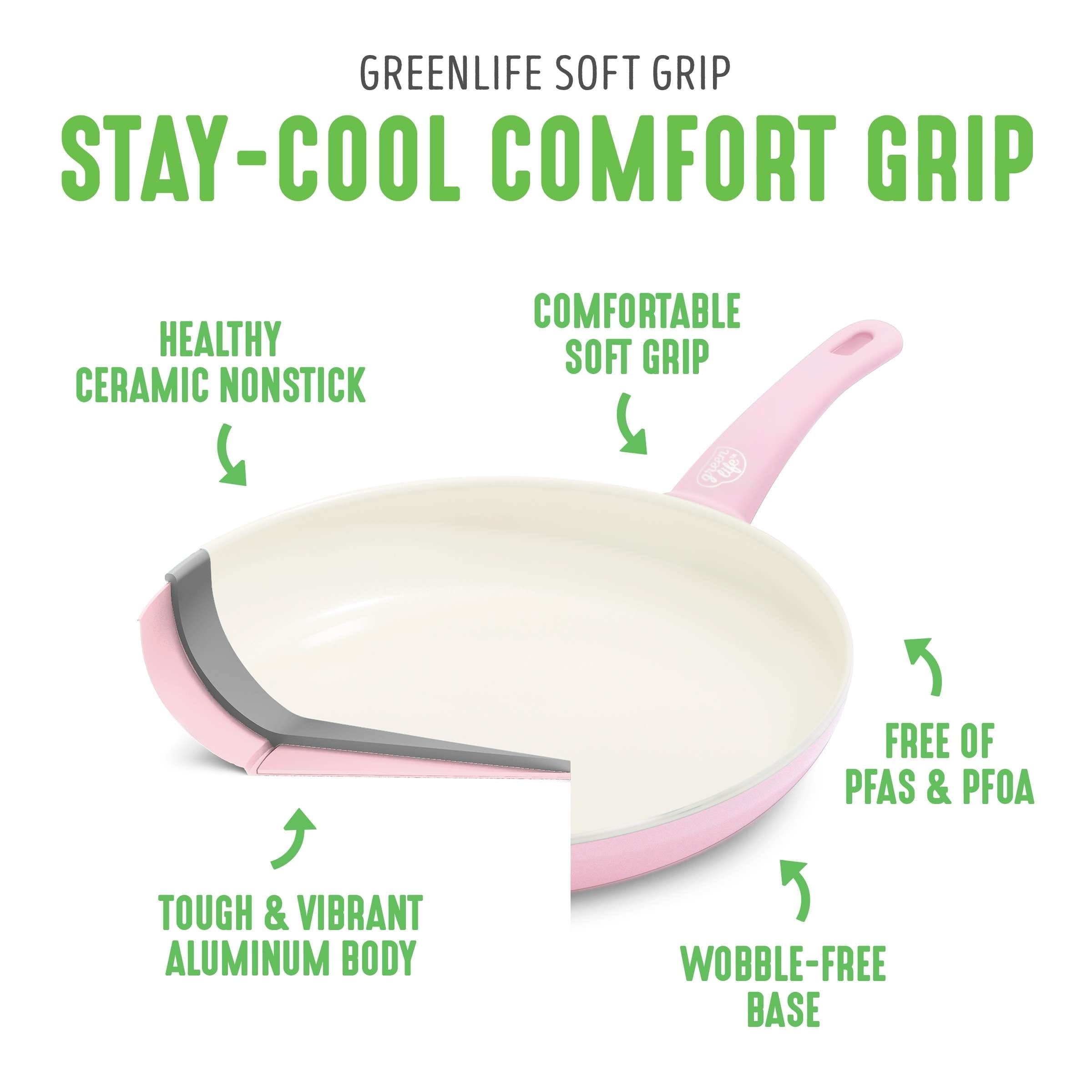 GreenLife Soft Grip Healthy Ceramic Nonstick, 8 10 and 12 Frying Pan Skillet Set, PFAS-Free, Dishwasher Safe, Black