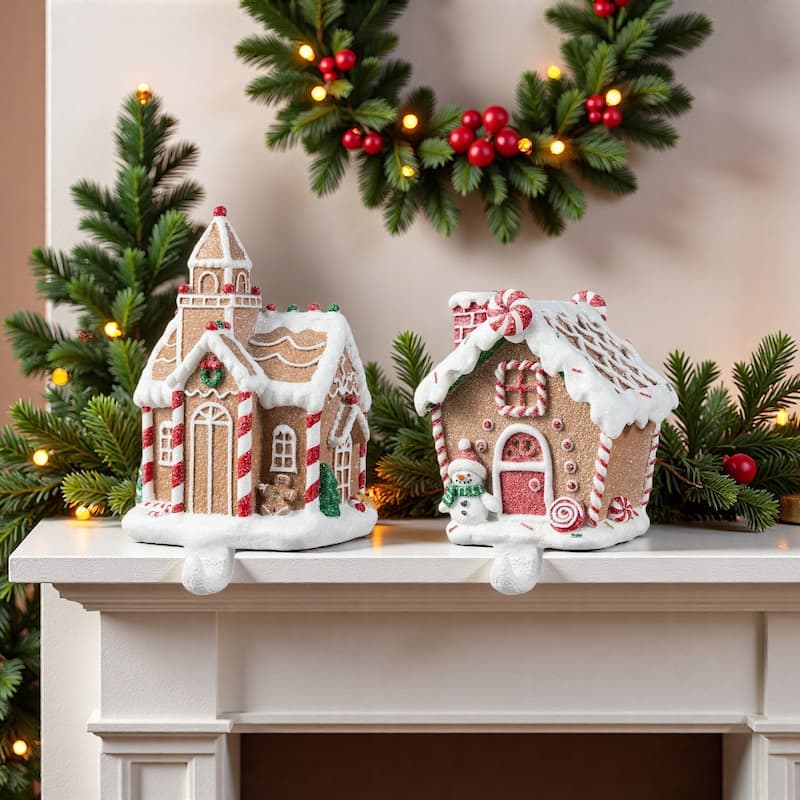 Glitzhome 2-Piece 7.75"H Resin Gingerbread House Christmas Stocking Holders with Stockings Festive Fireplace Decor