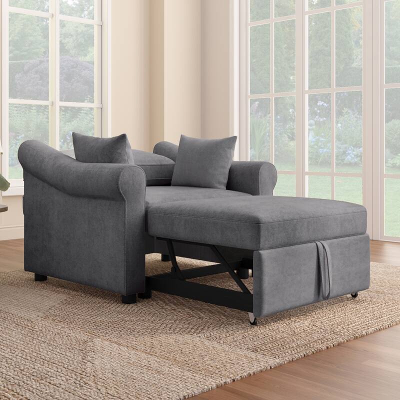 Chenille Accent Chair Convertible Sleeper Chair Adjustable Backrest Sofa Chair, 3 in 1 Chaise Lounges Chair Turns Into Chair Bed - Dark Grey