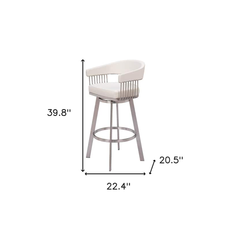 31" White And Silver Faux Leather And Stainless Steel Bar Height Swivel Bar Chair