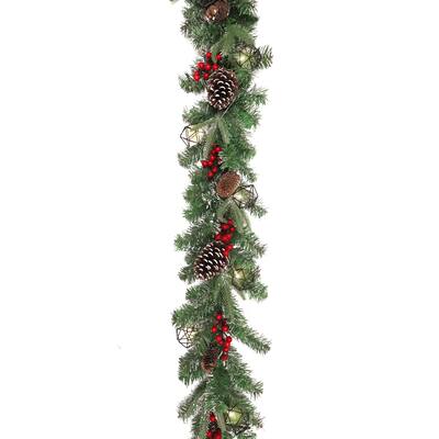 6ft Artificial Mixed Frosted Berry Pine Cone & Pine Christmas Garland with Geometric Octagon String Light Set