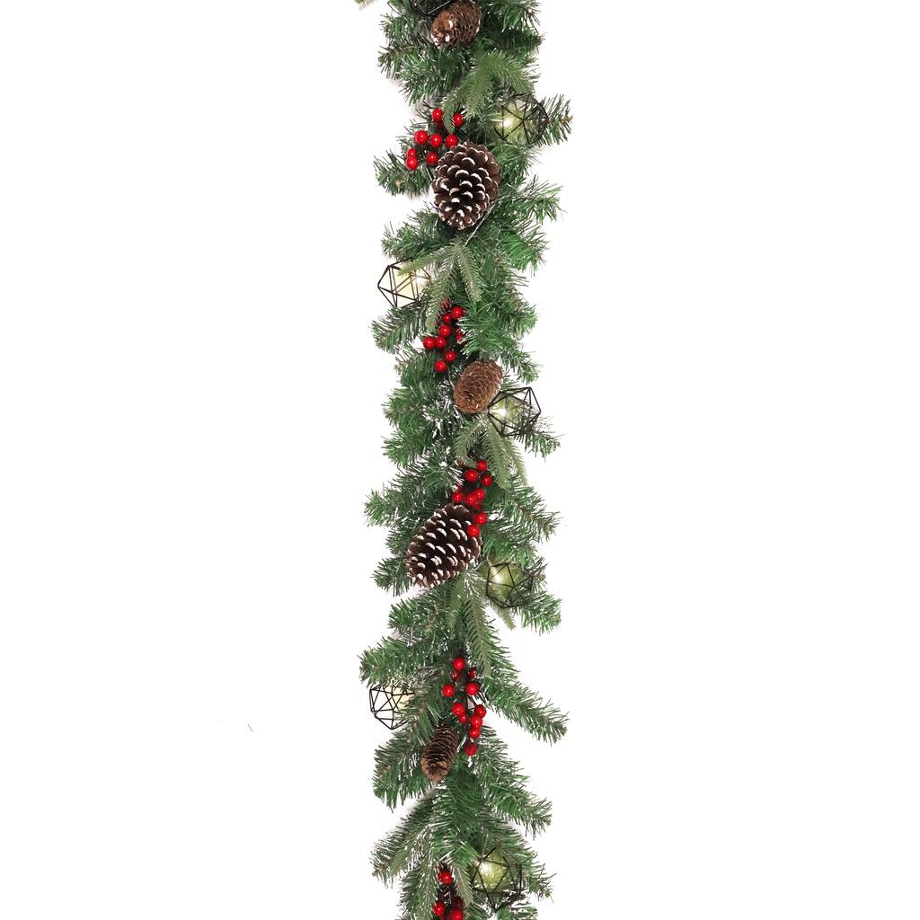 6ft Artificial Mixed Frosted Berry Pine Cone & Pine Christmas Garland with Geometric Octagon String Light Set