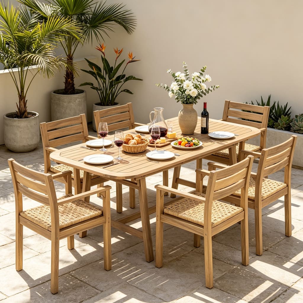 Christopher Knight Home - Lumi 7-Piece Outdoor Dining Set, Extendable Curved Acacia Wood Table & Woven Seat Armchairs