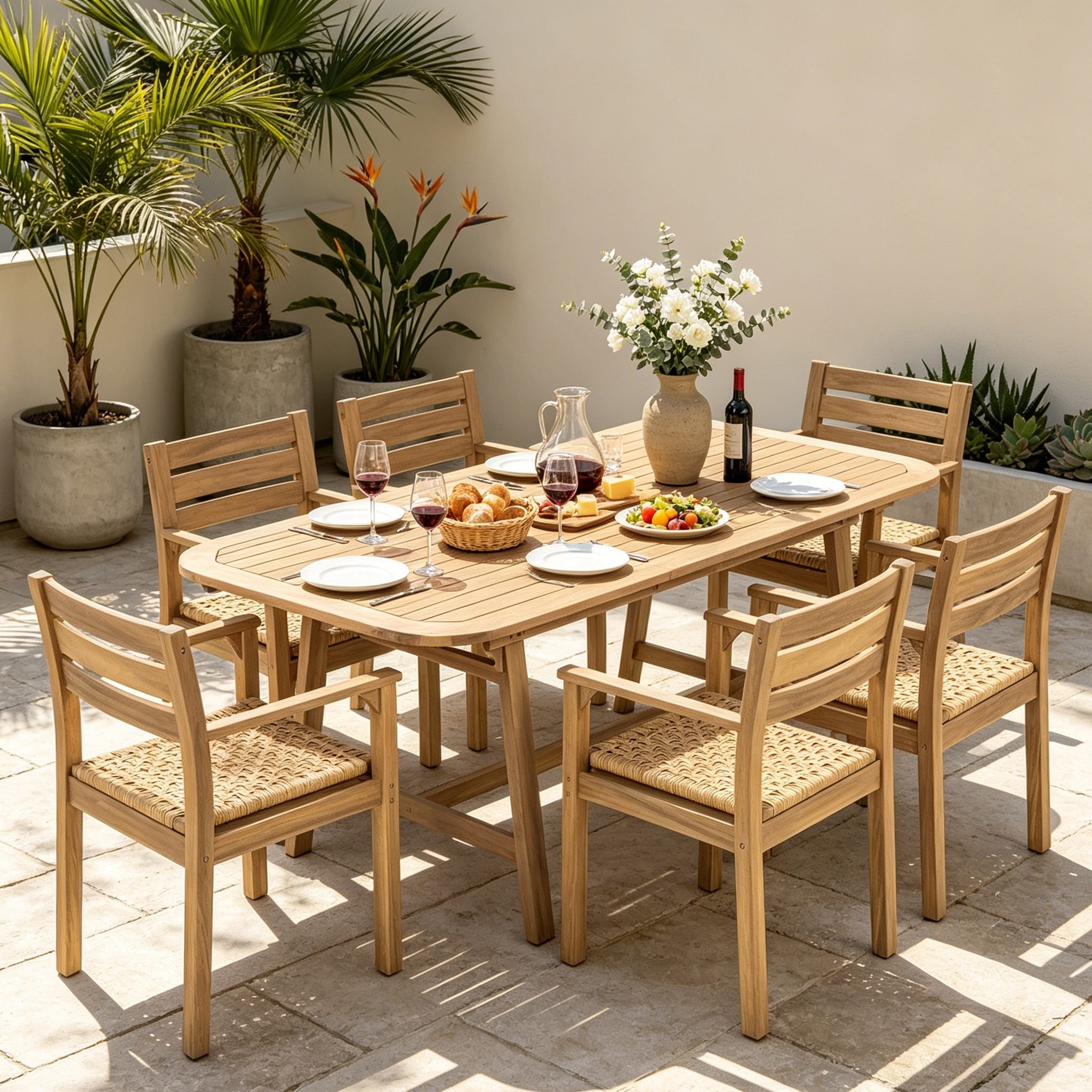Christopher Knight Home - Lumi 7-Piece Outdoor Dining Set, Extendable Curved Acacia Wood Table & Woven Seat Armchairs