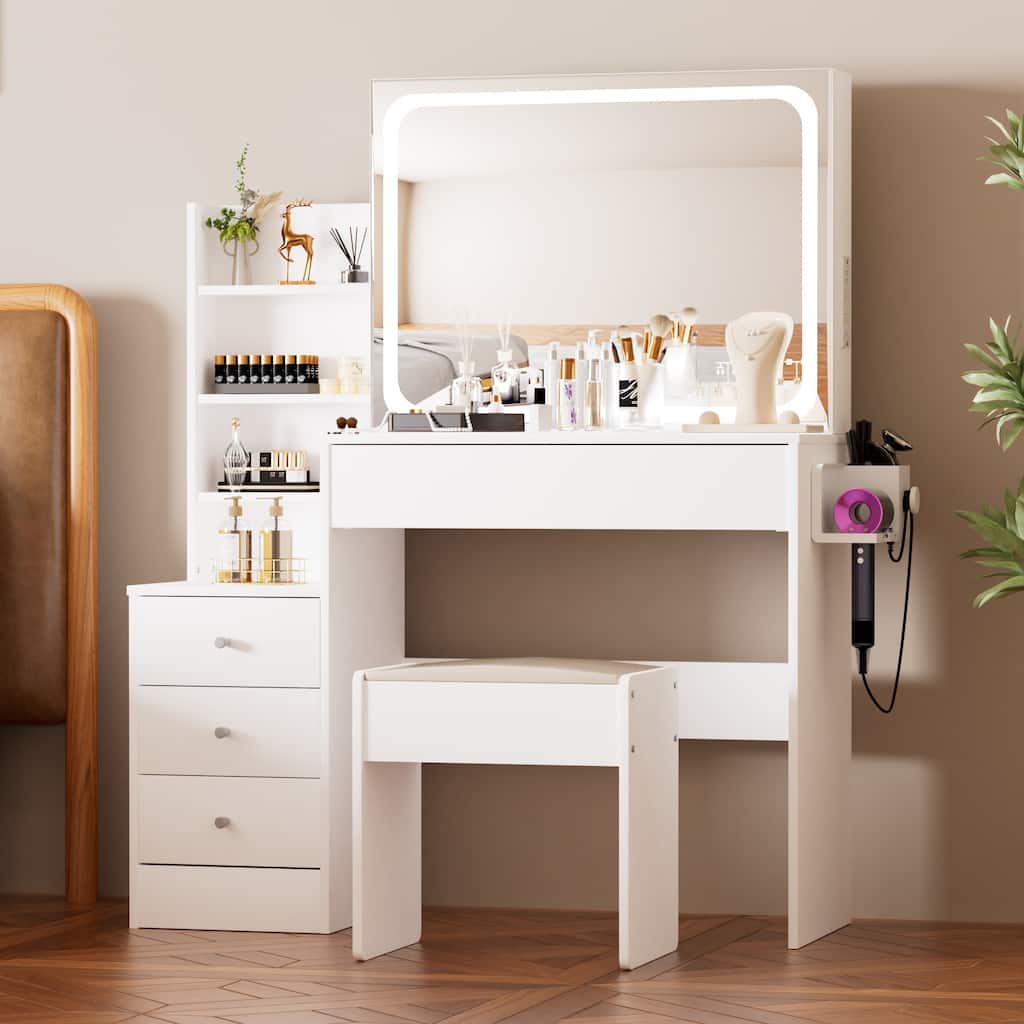 Vanity Desk with LED-lit Mirror, Vanity Table Set with Storage Drawer and Shelves, Vanity Mirror with 3 Lighting Color