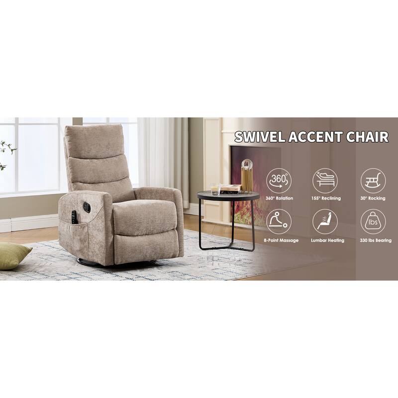 Roomfitters Manual Swivel Rocker Recliner Chair with Heat and Massage Fabric Glider Lounge Sofa for Living Room