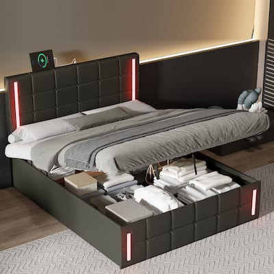 Roomfitters Full Size Upholstered Bed with LED Lights, Hydraulic Storage System, and USB Charging Station