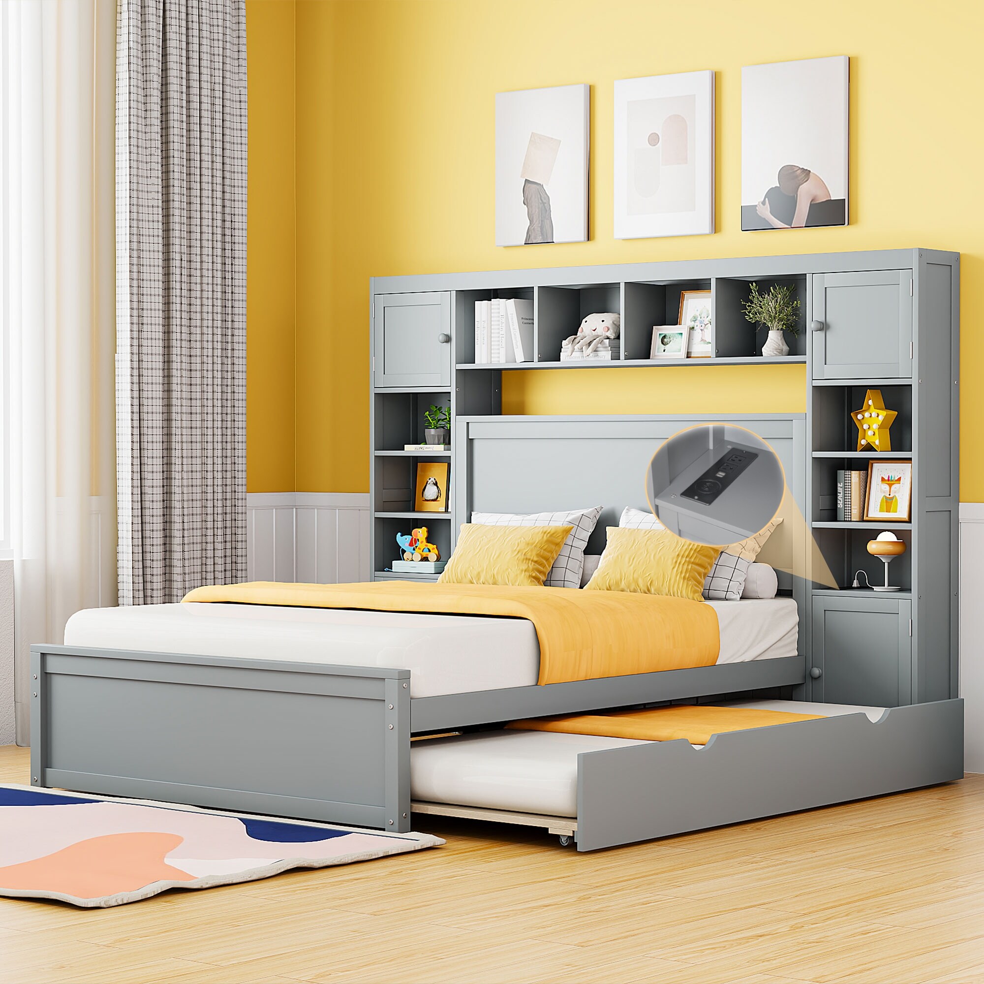 Full Versatile Platform Bed with 2 Drawers&Trundle, Bookcase