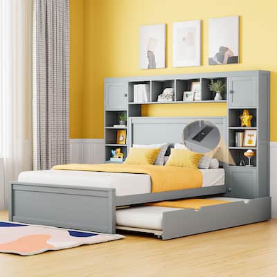 Gray Full Size Modern Wooden Bed with Cabinet, Shelf, and Sockets