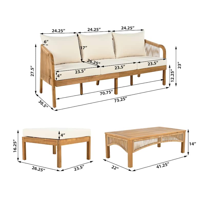 Christopher Knight Home - Rice Acacia Wood and Rattan Patio 5 Piece Chat Set with Cushions and Sofa Ottoman