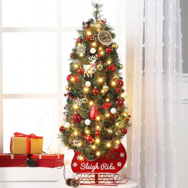 2Pcs 4.5 Ft Pre-Lit Artificial Christmas Tree with 85 Clear Lights,Timer,Pine Cones and Sleigh Base - 1#2Pcs