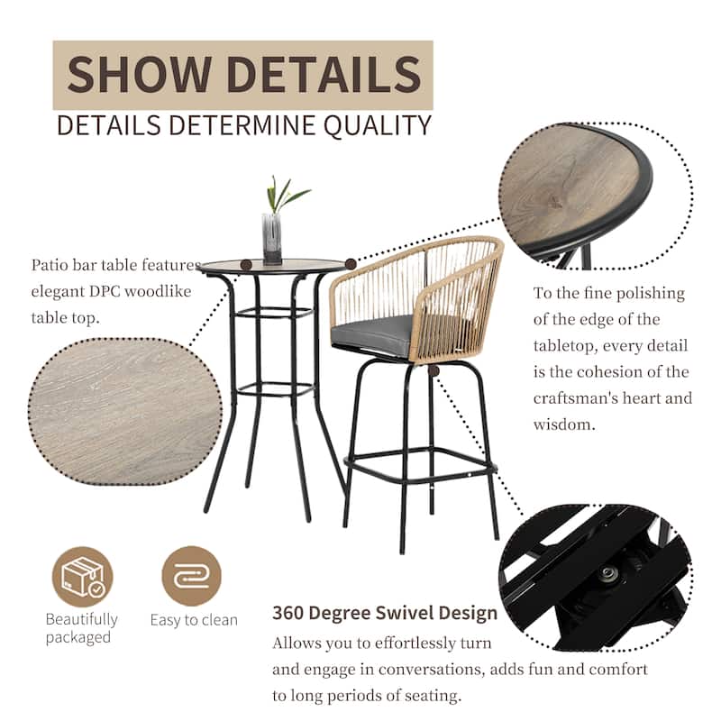 3-Piece Outdoor Bistro Set w/ 2 Swivel Chairs, Round Table, Bar Height