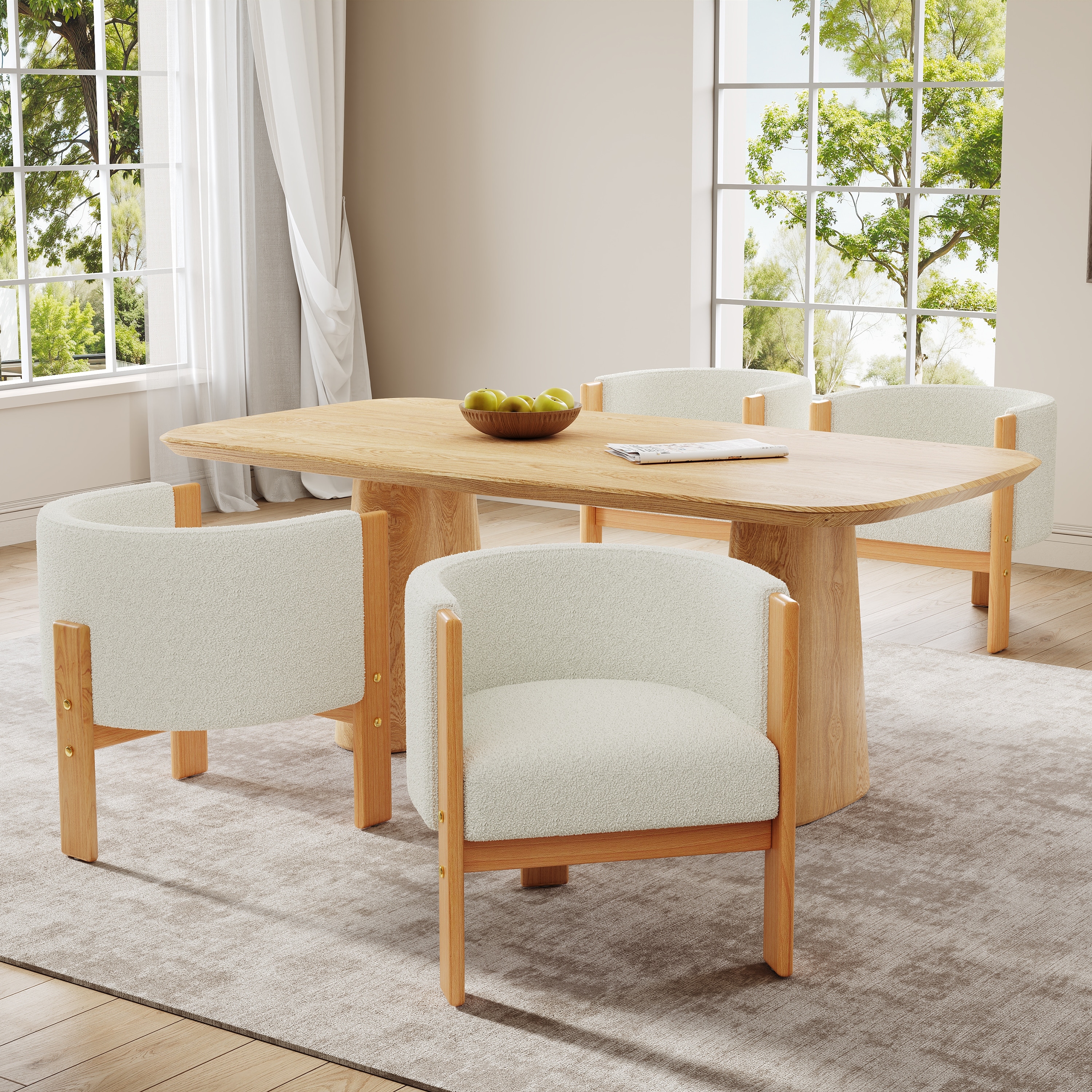 Upholstered Dining Chairs Set of 4, Natural Rubber Wood Frame and White Boucle Fabric, Modern Armchairs, 225lbs Capacity