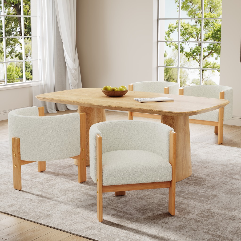 Upholstered Dining Chairs Set of 4, Natural Rubber Wood Frame and White Boucle Fabric, Modern Armchairs, 225lbs Capacity