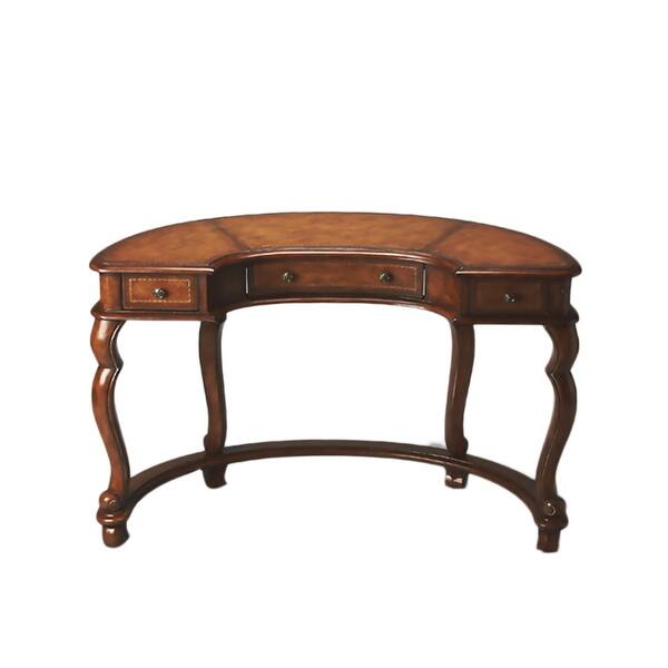 slide 2 of 2, Offex Traditional Demilune Wooden Desk with 3 Drawers in Heritage Finish - Medium Brown