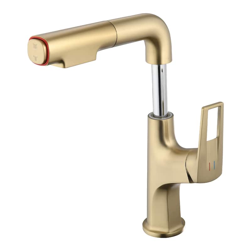 Pull-Down Vessel Faucet - Single Hole Bathroom Sink Faucet with Lift Spout & Dual Spray Modes​ - Brushed Gold