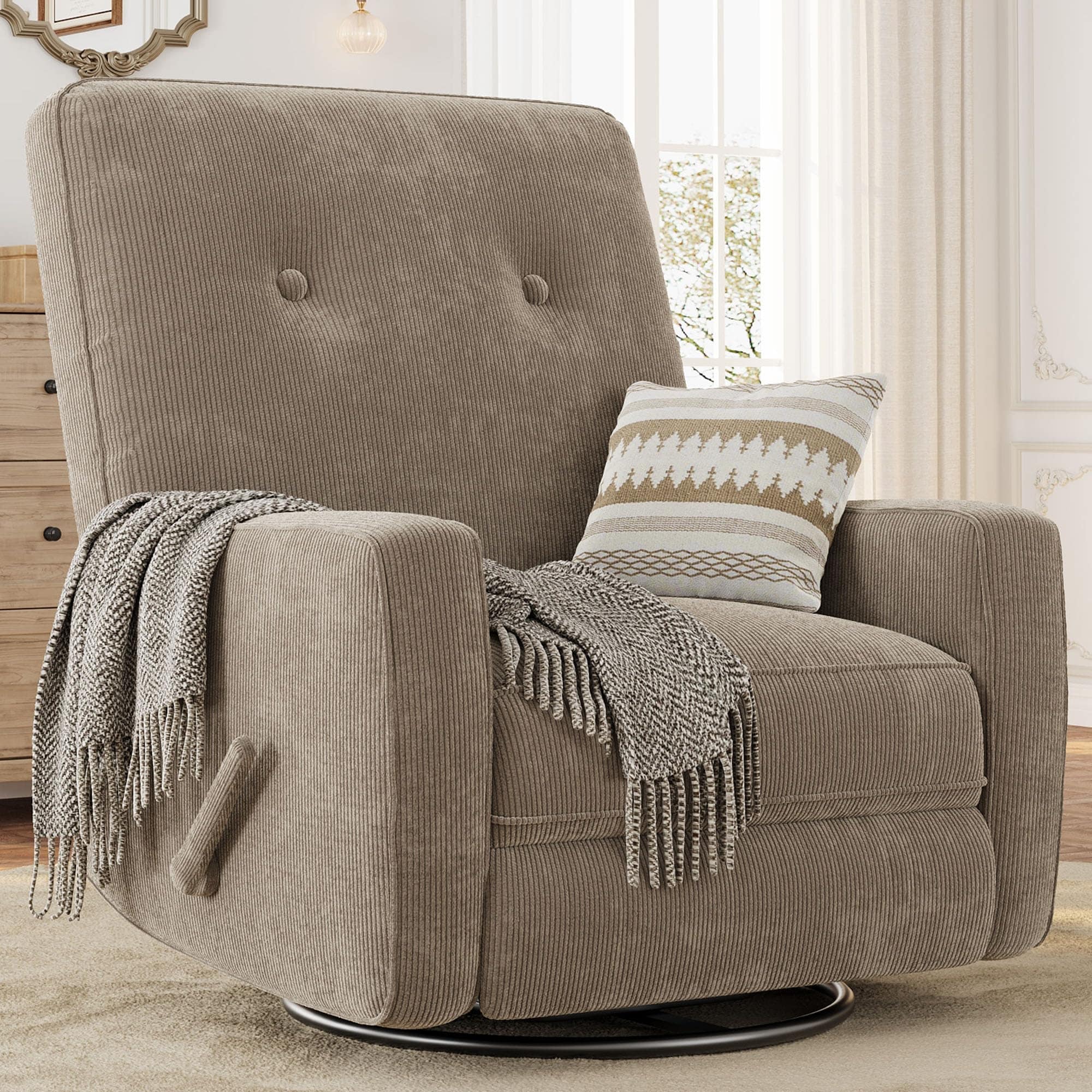 360° Swivel Rocker Recliner, Corduroy Mamual Recliner Chair for Nursery, Living Room, Bedroom & Small Spaces