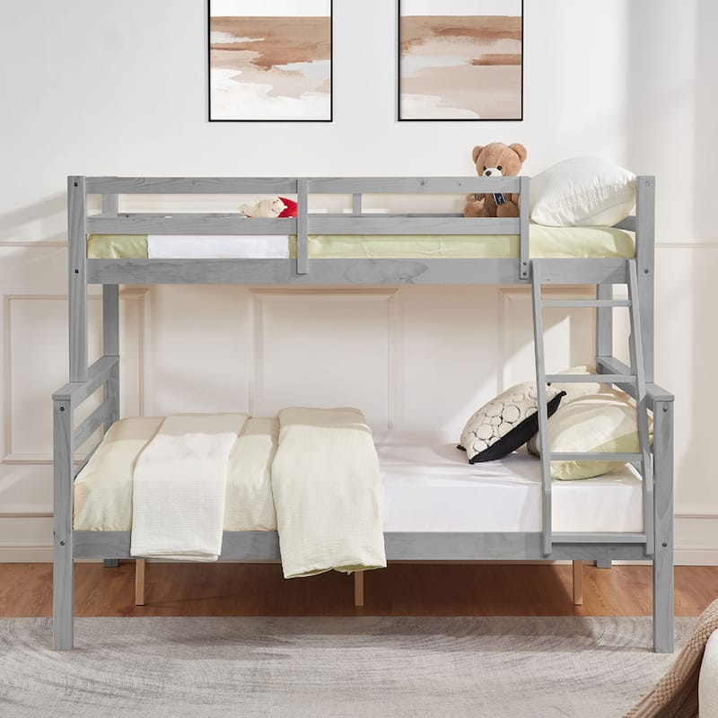 Twin over Full Wooden Bunk Bed,High Guardrail,Ladder,No Box Spring