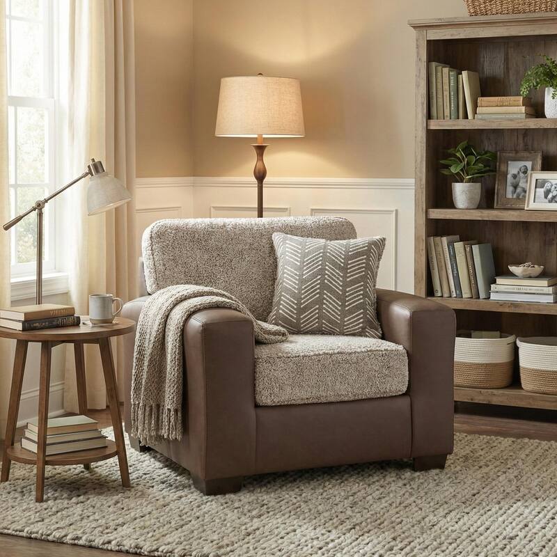 Roundhill Furniture Marvella 2-Piece Living Room Set, Chair and Ottoman, Chocolate Faux Leather and Curly Shearling Upholstery