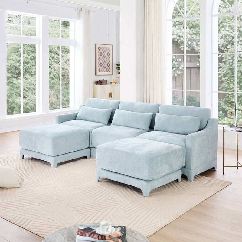 Chenille Upholstered Sofa with Lumbar Pillows - Sky Blue(3 Seat+2 Ottoman)