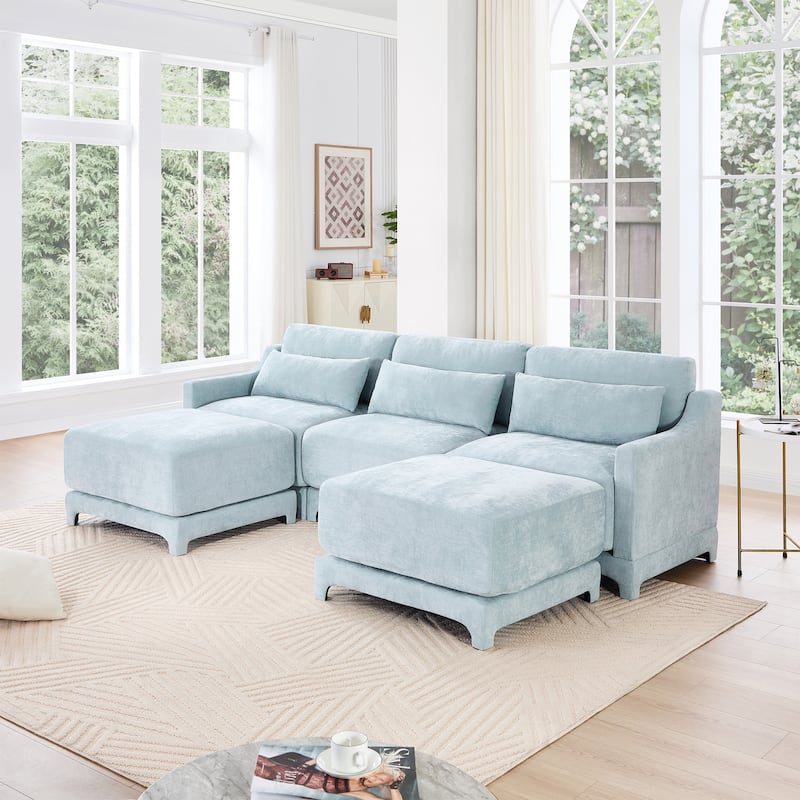 GDFStudio- Isolde Chenille Three-Seater Sofa with 2 Ottoman - Sky Blue