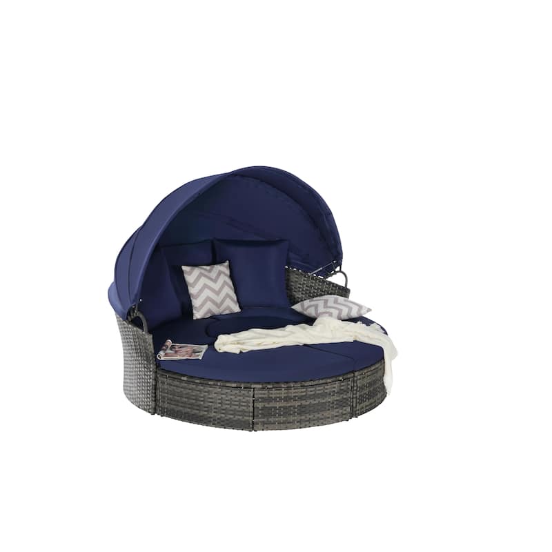 Outdoor Rattan Daybed Round Sunbed with Retractable Canopy, 5 Piece Sectional Patio Conversation Set with Storable Table