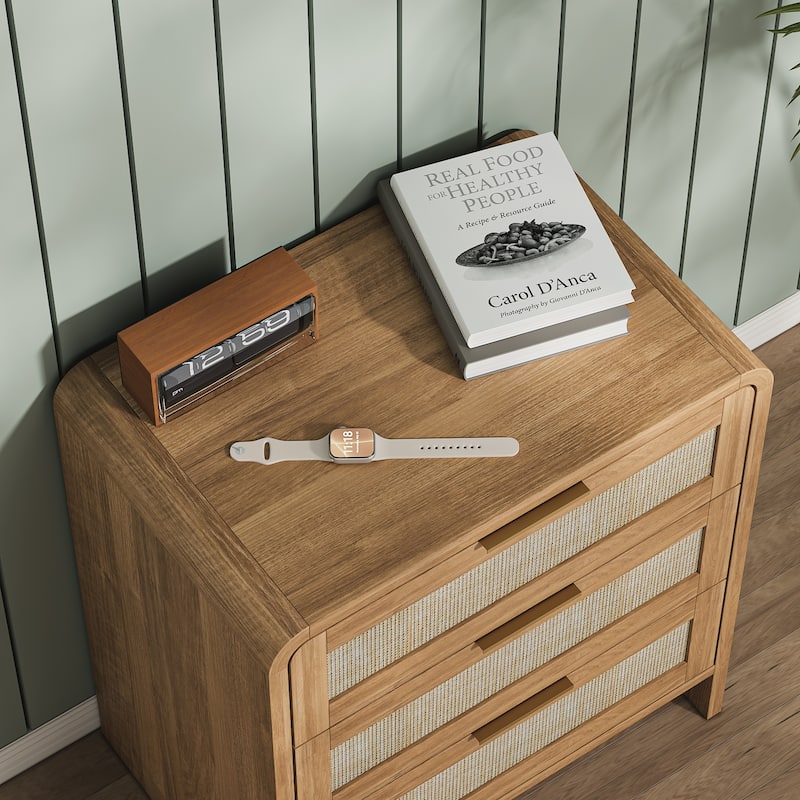 Rattan Nightstand with 3 Drawers Set of 2, 22.8" Wide Curved Wooden Bedside Table, Modern Storage for Bedroom