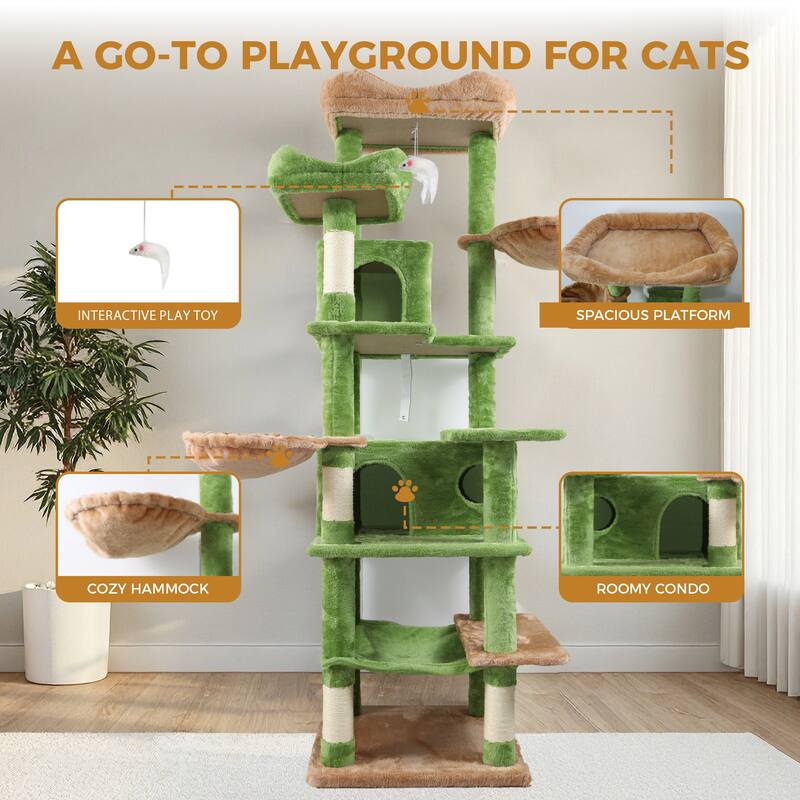 68in Tall Multi-Level Cat Tree with Hammocks, Hanging Basket, Cat Cave, Removeable Cushion, Scratching Posts