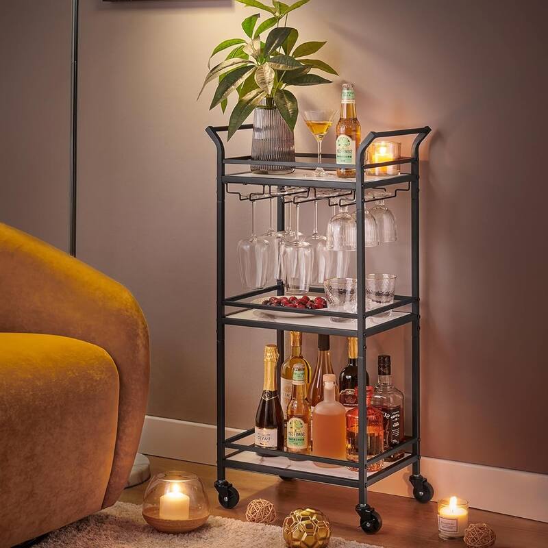 Mini Bar Cart with 3-Tier Shelf, Wine Holders, Glass Holders