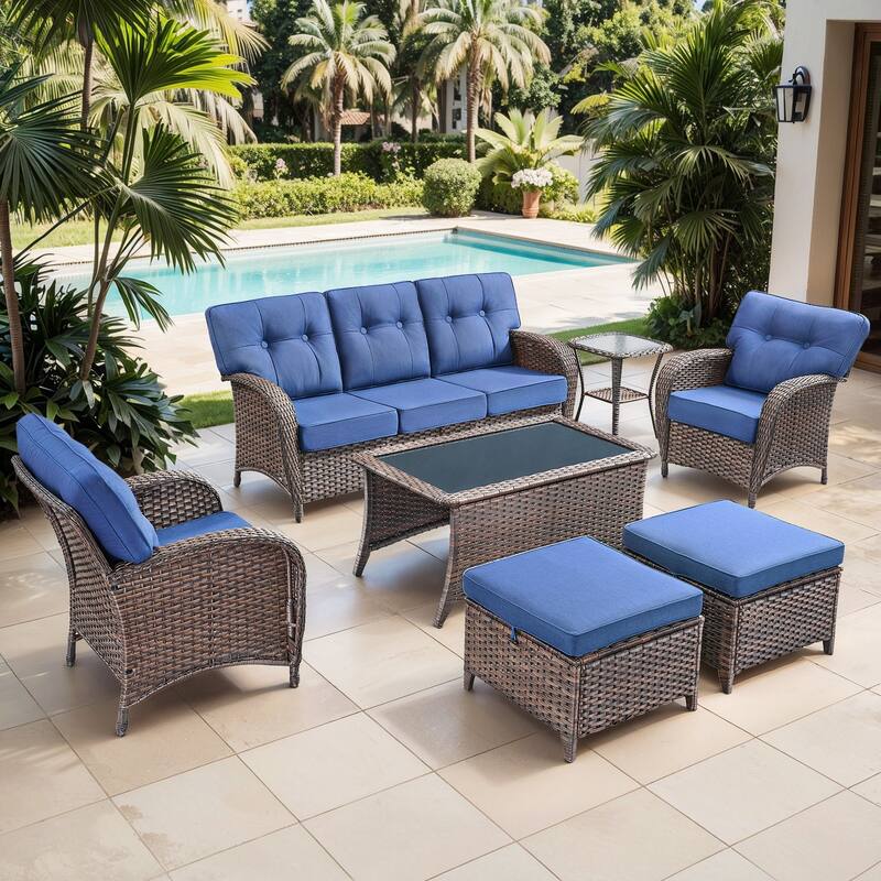 Gymojoy Outdoor Wicker Patio Furniture Set, 5" Thick Cushioned Rattan Conversation Set with Sofa & Chairs