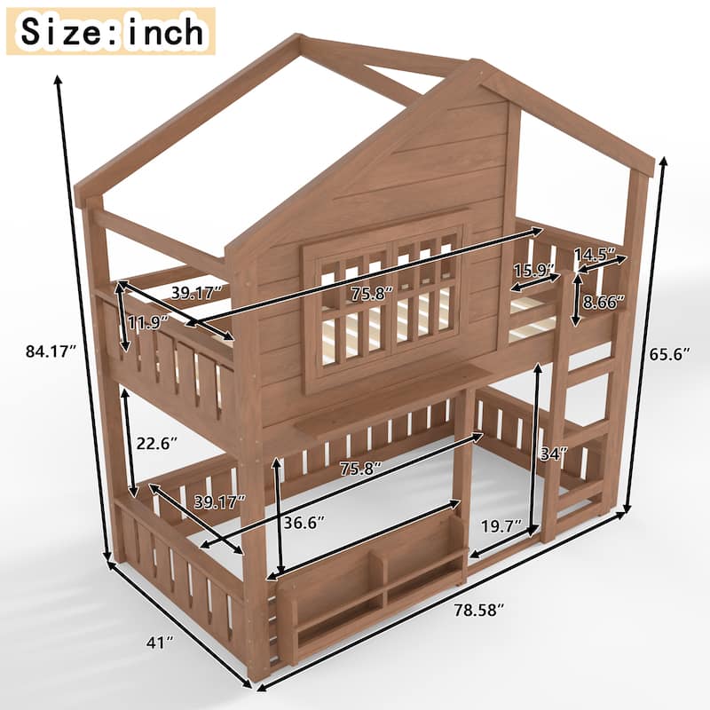 Fairytale House Bunk Bed Kids Loft Bed Frame with Bookshelf and Shelf