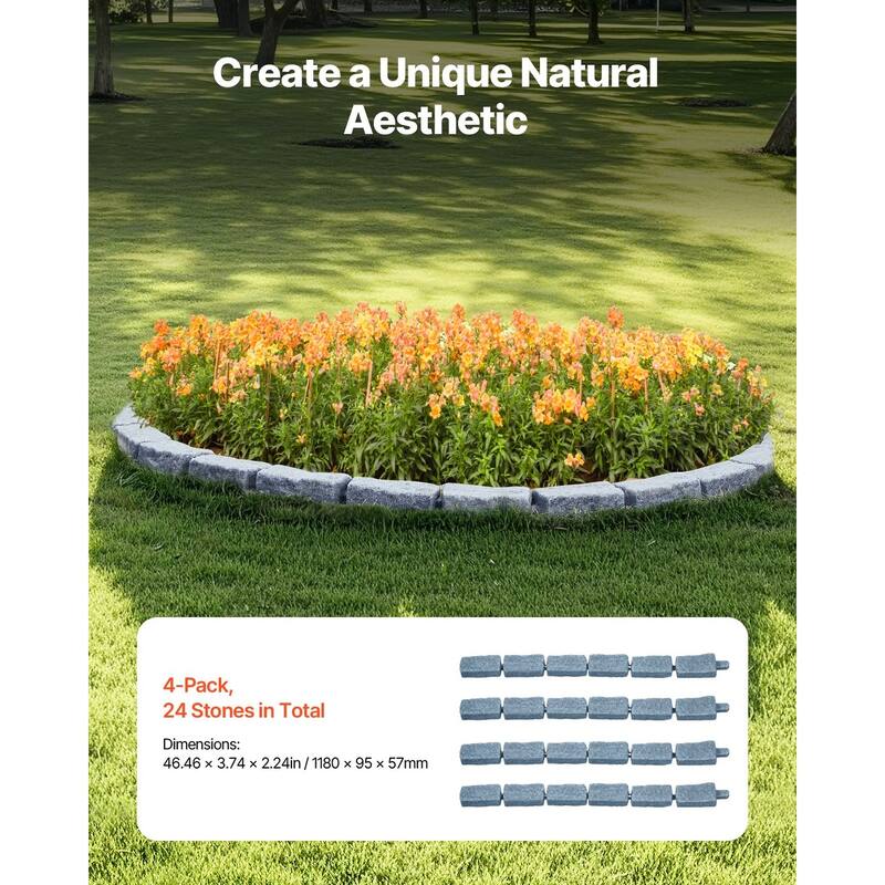Beige Plastic Stone Landscape Edging 4 Pack with Interlocking Design and Stakes - 46.46 × 3.74 × 2.24 in