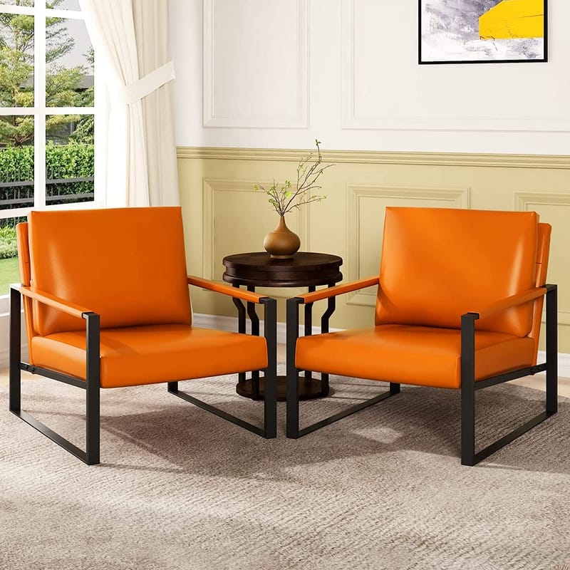 Eureka Modern Vintage Upholstered PU Leather Armchairs, Mid Century Accent Chairs with Steel Frame, Leisure Chairs (Set of 2)