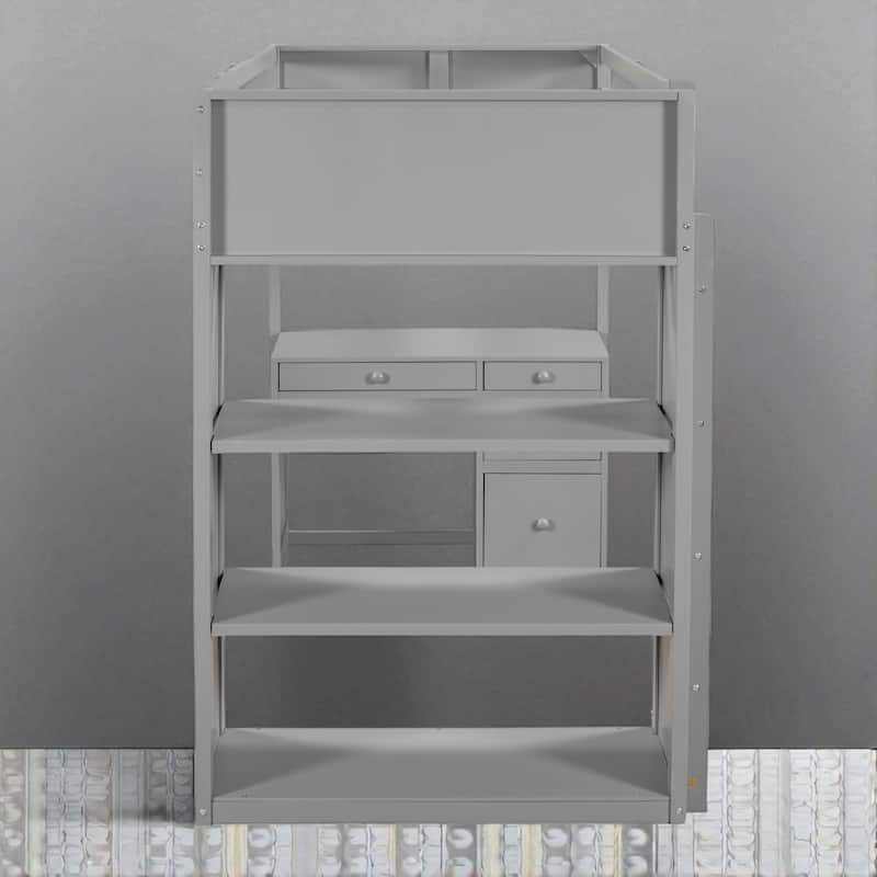Full/Twin Size Loft Bed with Ladder, Desk, Shelves, and Drawers, Solid Wood Frame for Kids or Teens