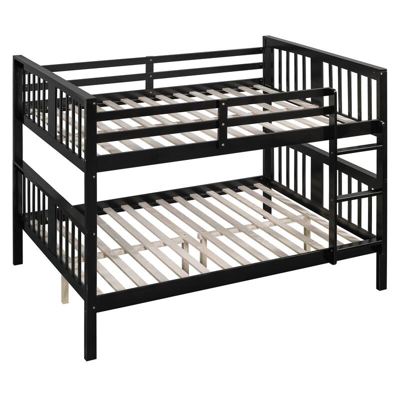 Full over Full Bunk Bed with Ladder, Espresso, No Box Spring Needed, Solid Pine Wood Construction