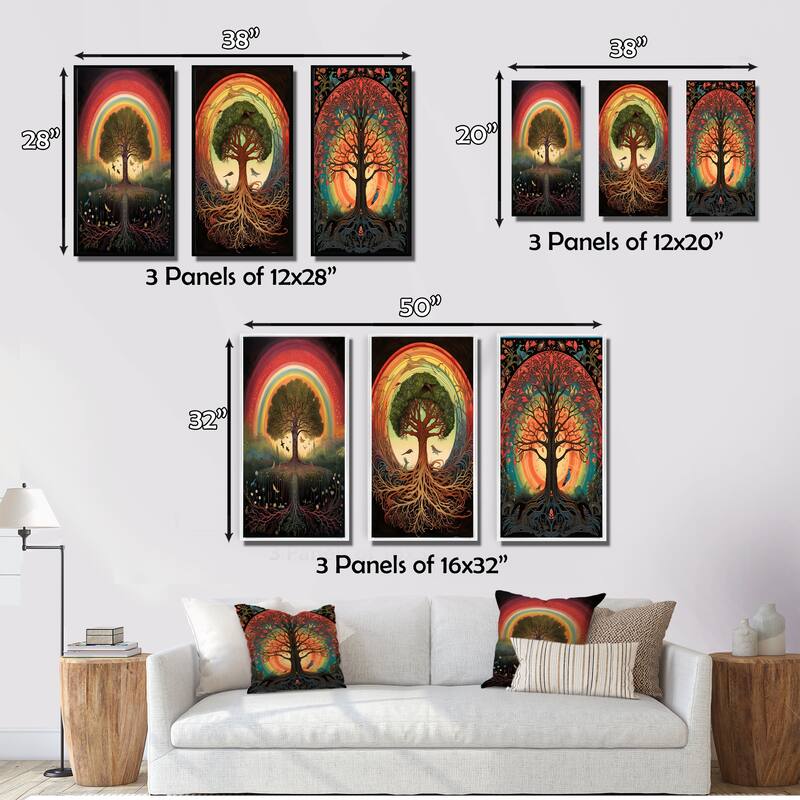 Designart "Tree Of Life Rainbow Retro Illustration" Landscape Trees Wall Art Set Of 3 - Canvas Set For Living Room Decor