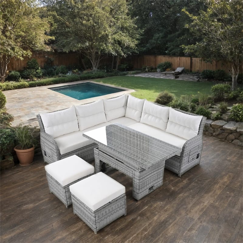 Outdoor Rattan Furniture Set with Extendable Table and Two Ottomans