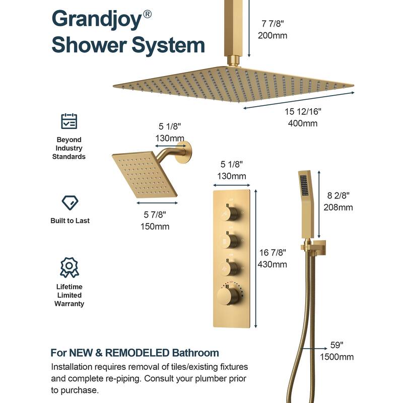 Dual Heads 16" Rainfall & High Pressure 6" Shower System w/ 3 Way Thermostatic Faucet 