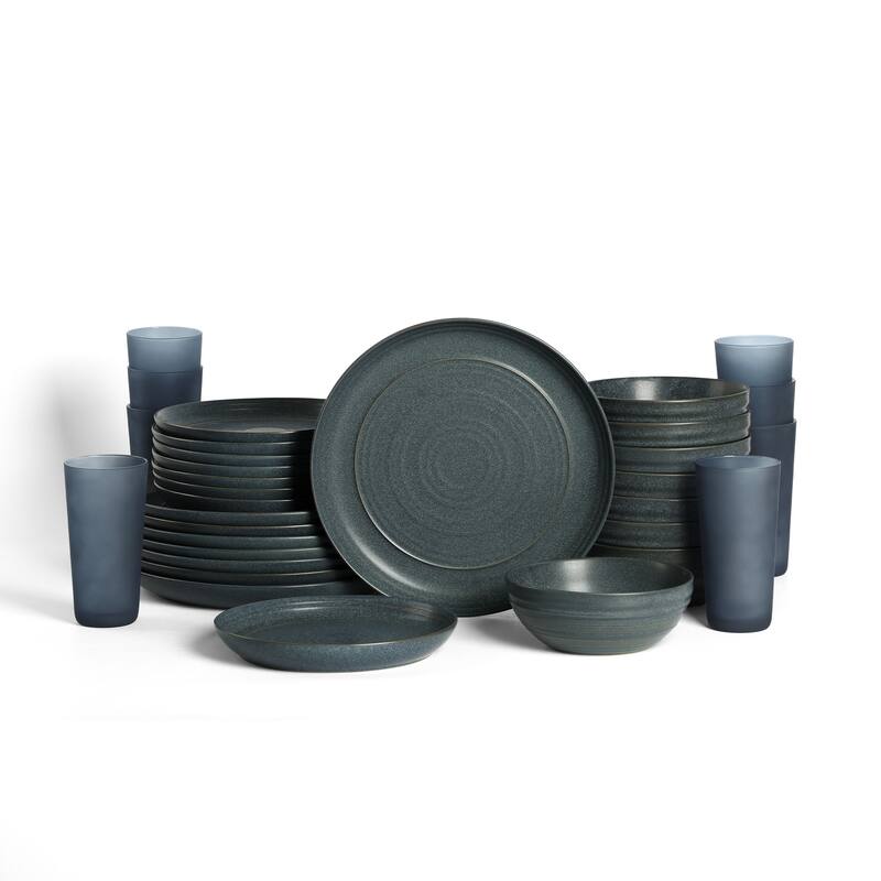 Stone Lain Elio Stoneware Dinnerware Set and Glassware Set - 32 Piece - Blue