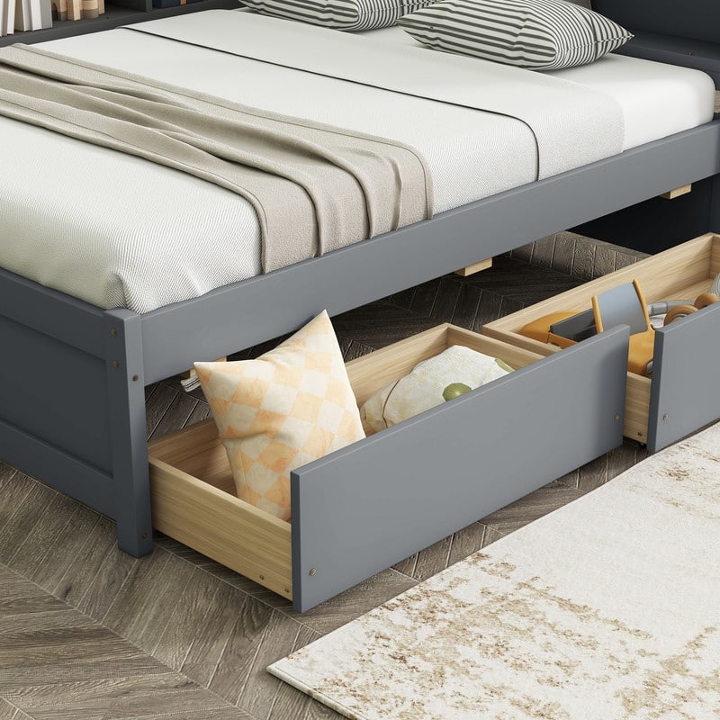 Full Size L-shaped Bookcases Daybed with Power Outlets, USB Charging Ports,Two Drawers