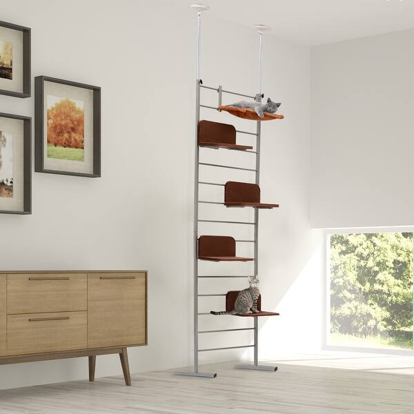 Shop Pawhut Floor To Ceiling Adjustable Staggered Climbing Cat Tree Tower Gray And Brown On Sale Overstock 18013106