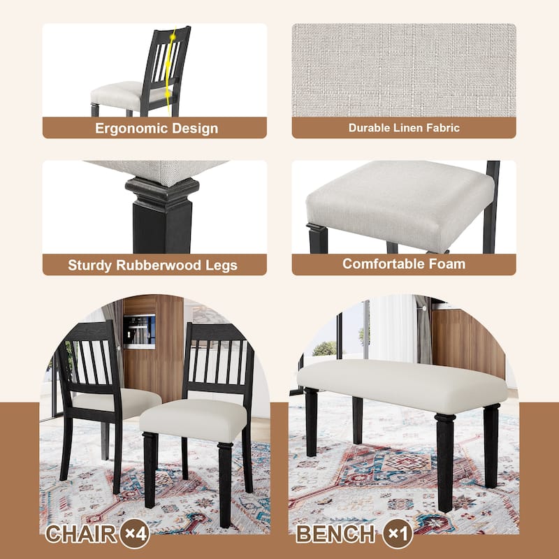 6-Piece Retro Dining Room Set, Classic Kitchen Furniture Set, Wooden Rectangular Table and 4 Chairs with Bench
