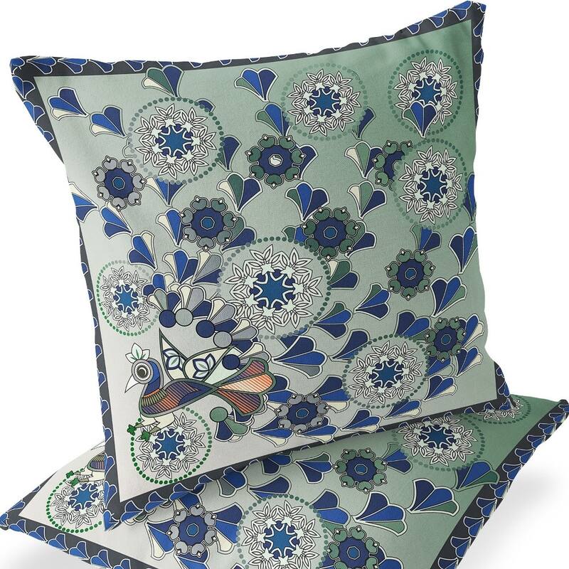 HomeRoots Set of Two 16" X 16" Green and Brown Peacock Blown Seam Floral Indoor Outdoor Throw Pillow - 16.00' X '16.00' X '5.00