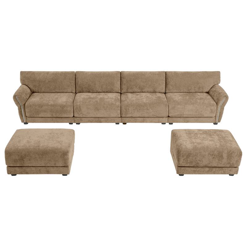 Modular Sectional Sofa Set with Petal Armrest Design External USB and Type-C Charger, Movable Ottoman, Chenille